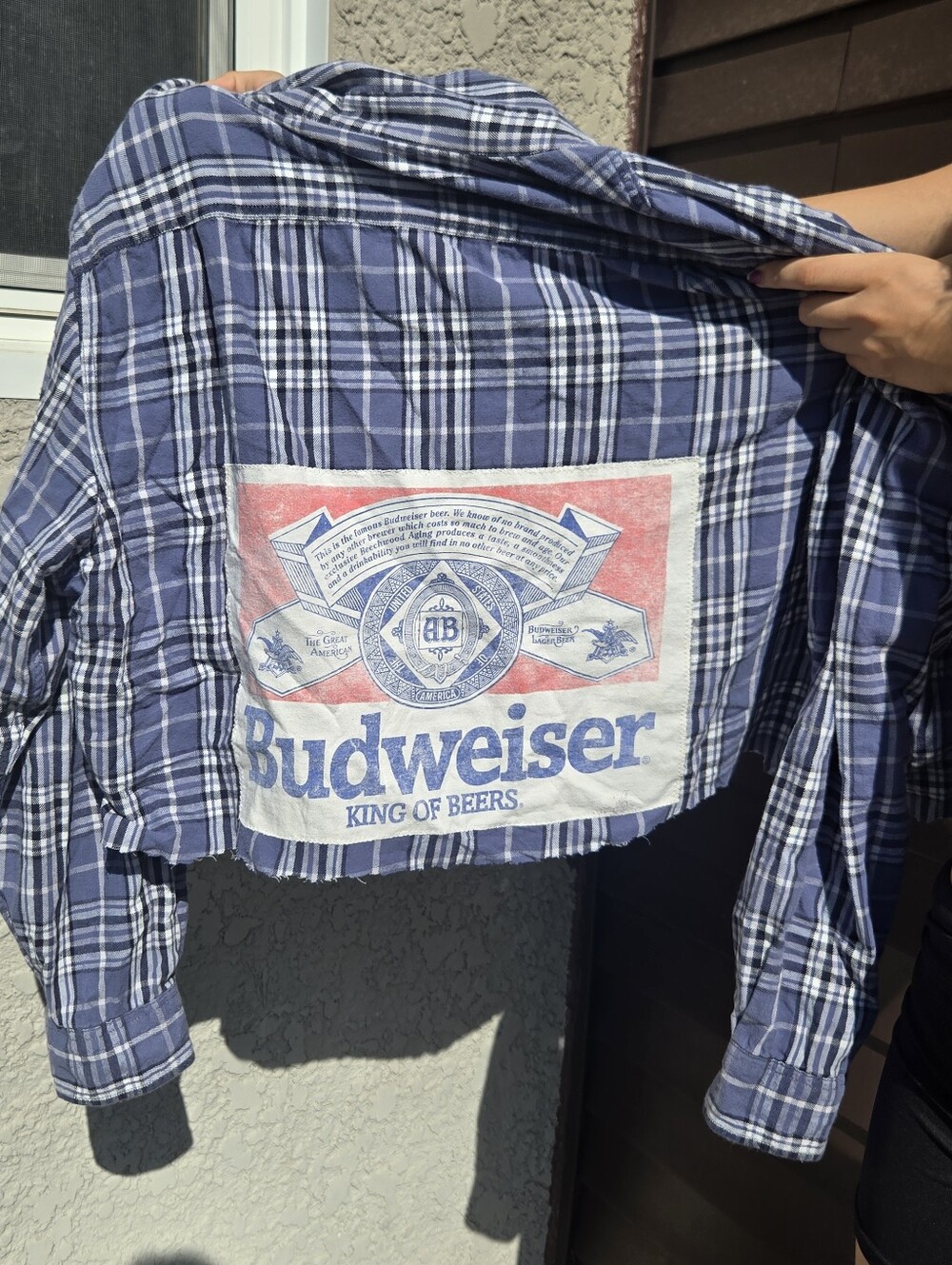 Women's Budweiser Blue Plaid Button-Down Oversized Flannel Top